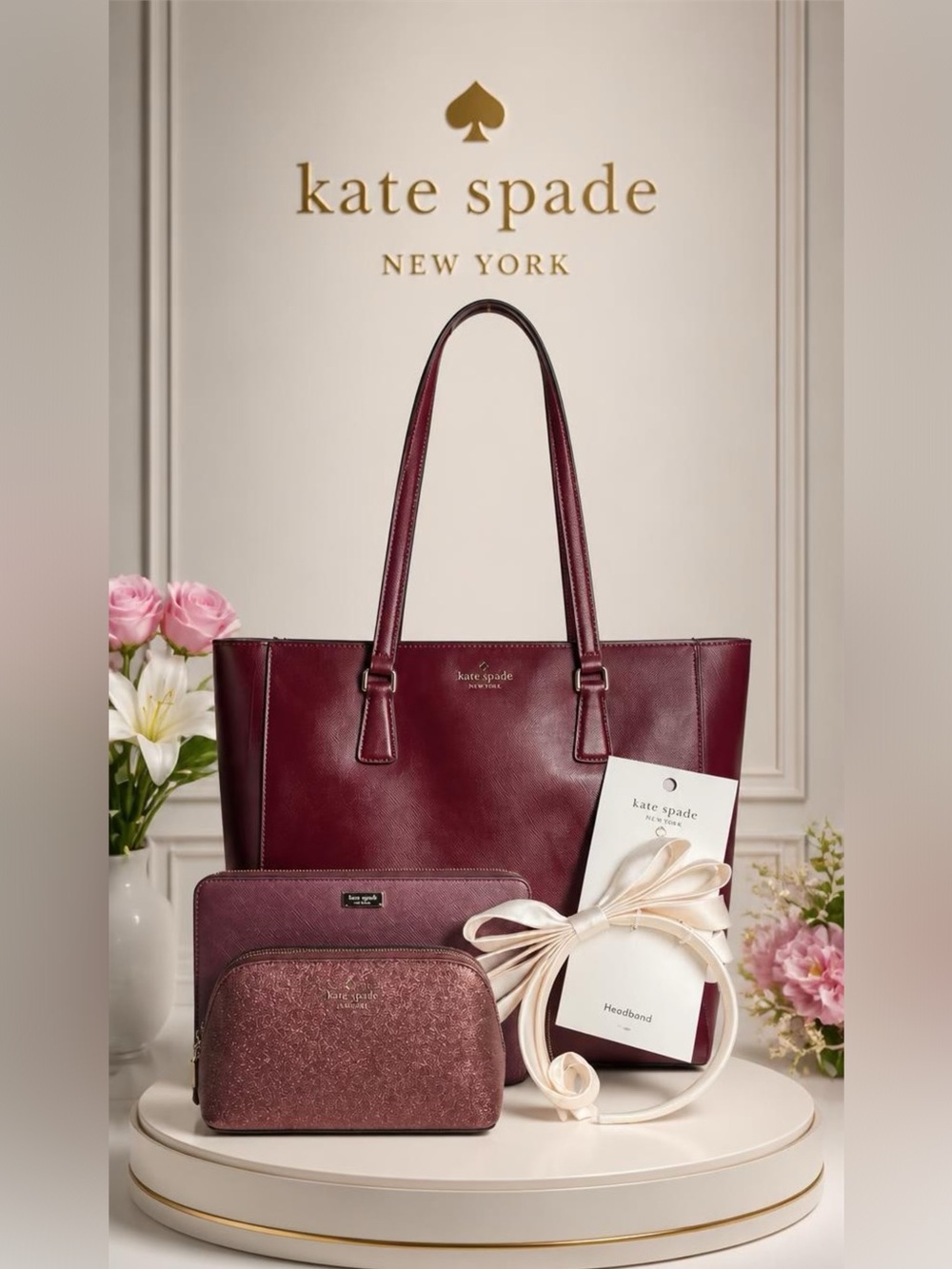 kate spade Deep Berry Leather Tote Bag,  Wallet, Pouch and Headband